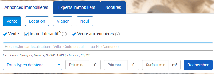 Illustration avec la barre de recherche dans les annonces immobilières des notaires de France