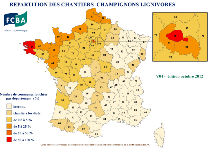 Répartition des risques sur les mérules département par département - carte de octobre 2012 de la FCBA