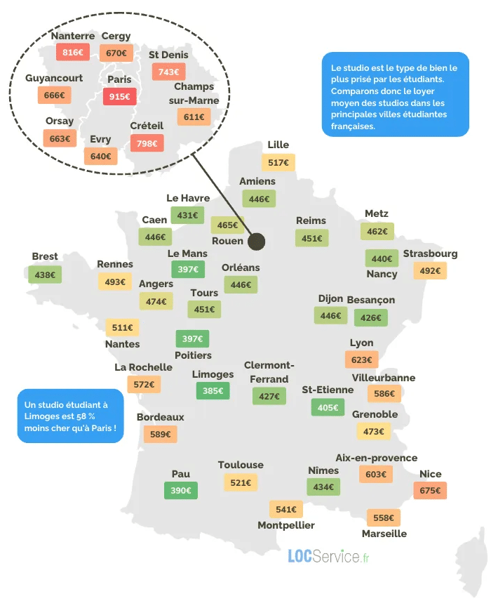 carte de France du loyer moyen pour un studio dans les plus grandes villes