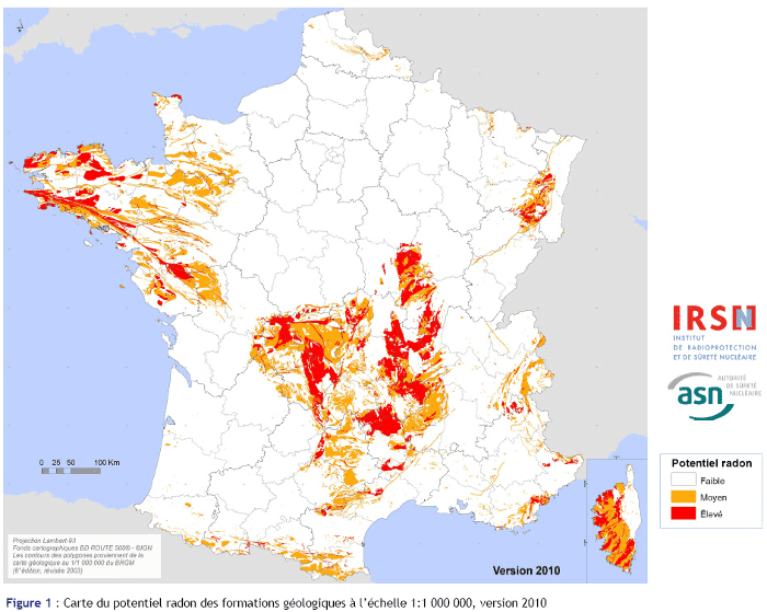 Carte du radon en France - source IRSN