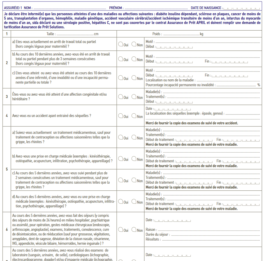 début d'un exemple de questionnaire médical de prêt immobilier