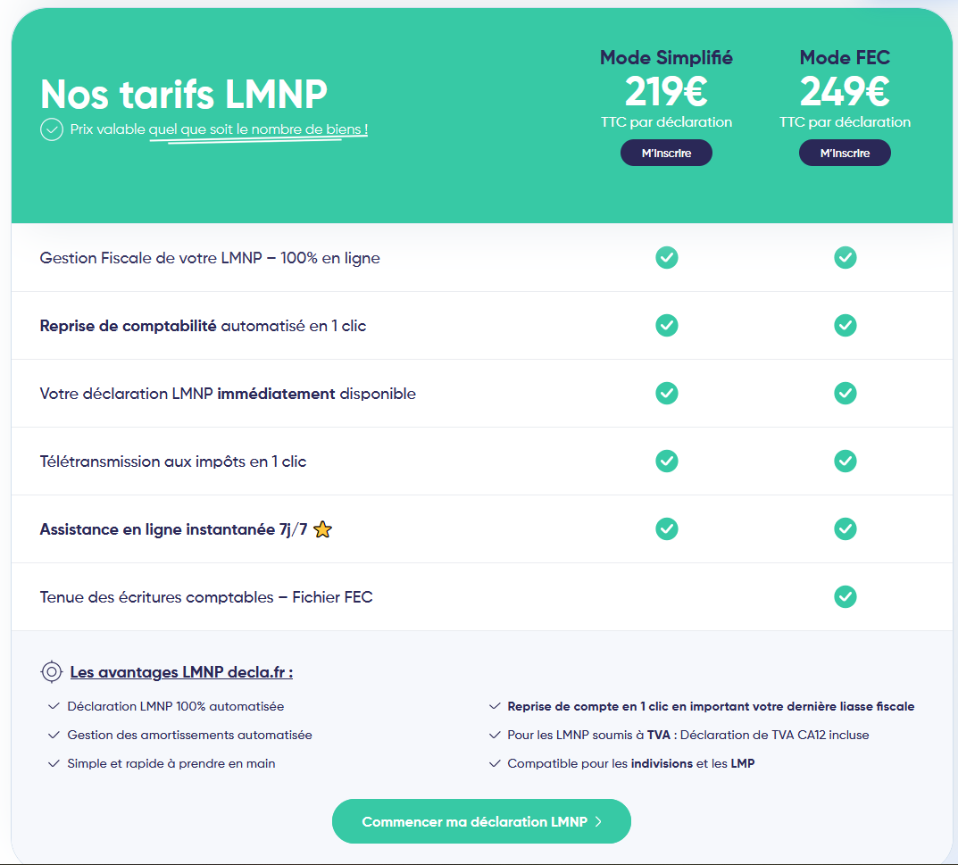 decla.fr tarif déclaration LMNP avec ou sans fichier FEC