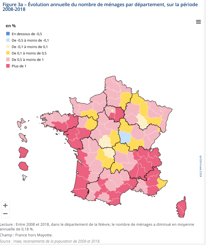 carte de l'évolution du nombre de ménages par département entre 2008 et 2018
