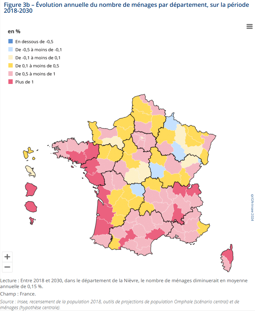 carte de l'évolution du nombre de ménages par département entre 2018 et 2030