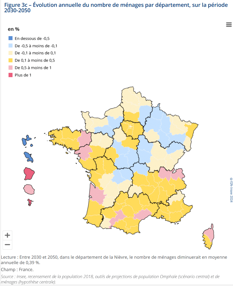 carte de l'évolution du nombre de ménages par département entre 2030 et 2050