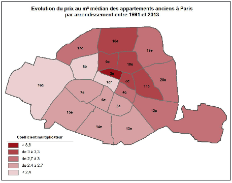 Les arrondissements où le prix du mètre carré a le plus augmenté entre 1991 et 2013