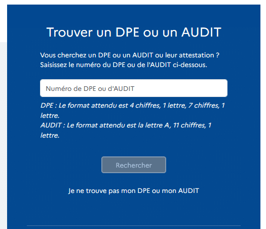 capture d'écran de l'endroit où il faut saisir son numéro de dpe ou d'audit sur le site de l'ademe