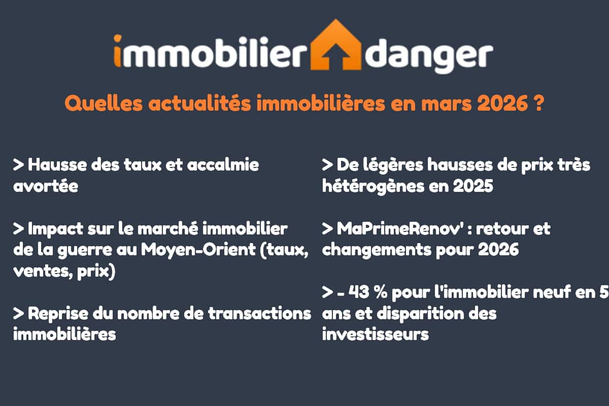 sommaire des sujets sur l'actualité immobilière abordés en mars 2026 sur Immobilier Danger