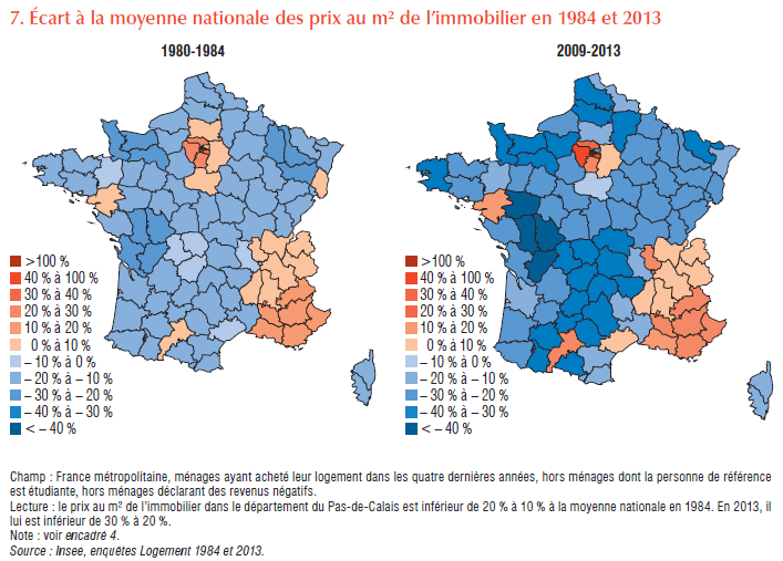 Carte de l'écart du prix du mètre carré à la moyenne nationale