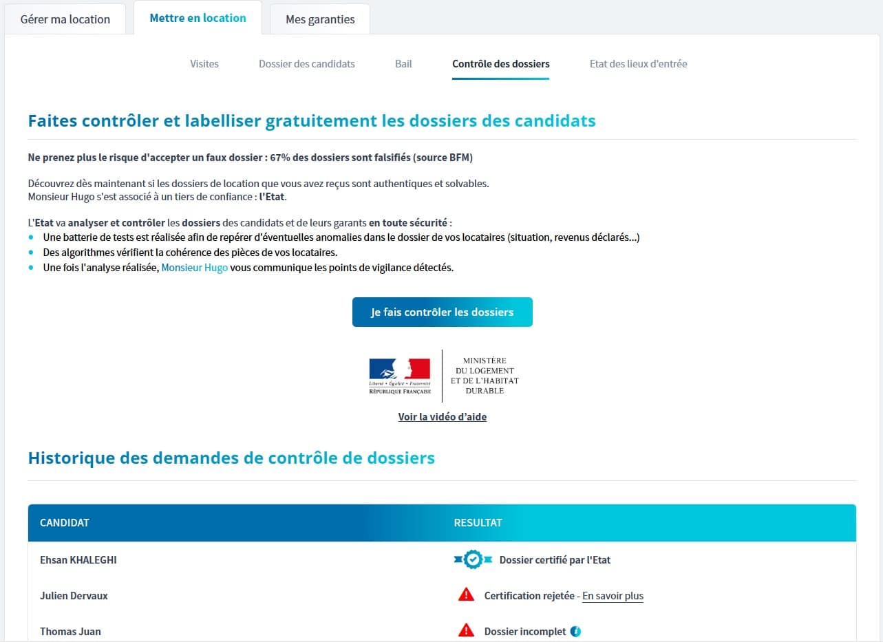 contrôle des dossiers avant la mise en location par Monsieur Hugo
