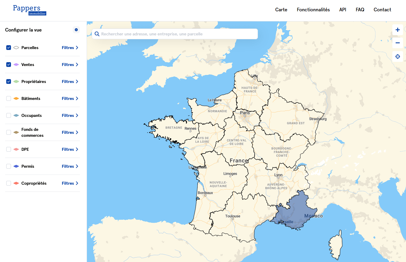 accueil de la carte Pappers Immobilier