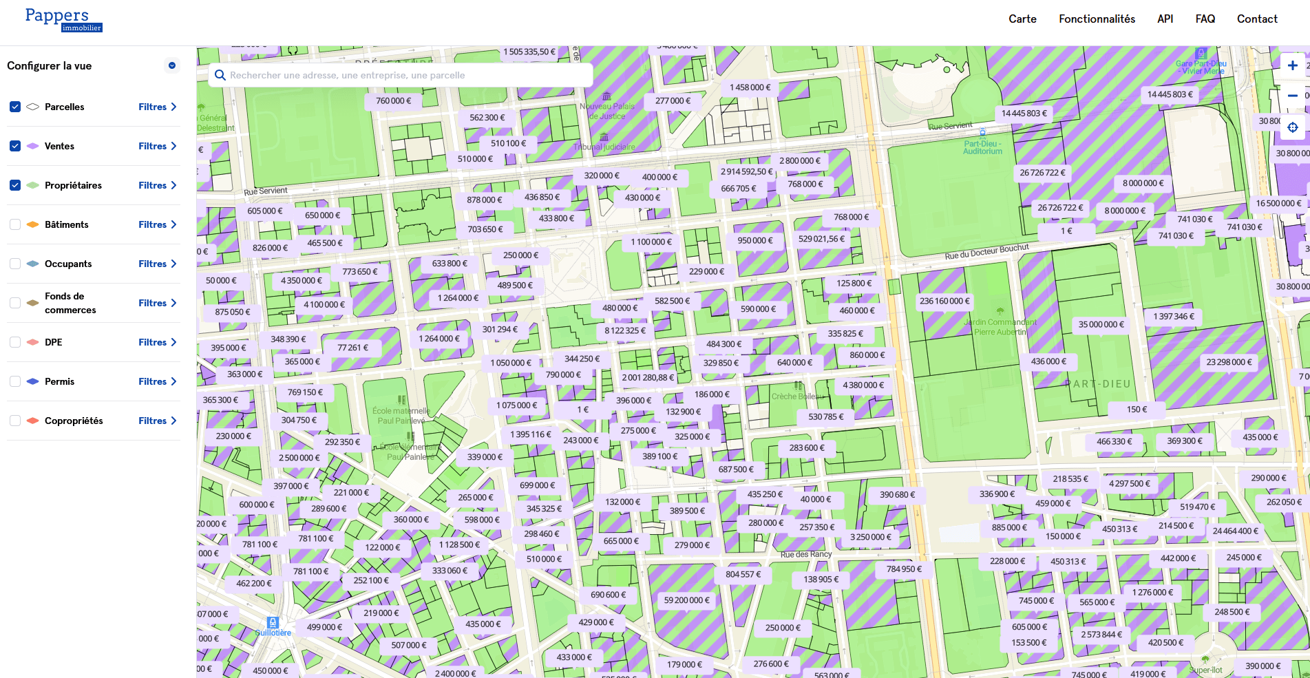 exemple de carte Pappers immobilier pour les prix des maisons et appartements