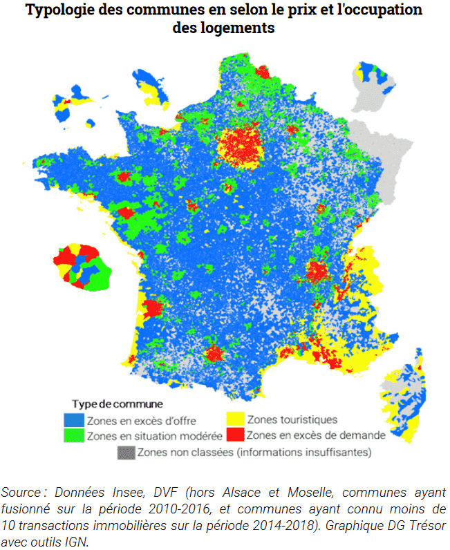 Carte de la répartition des excès d'offre ou de demande en France par commune