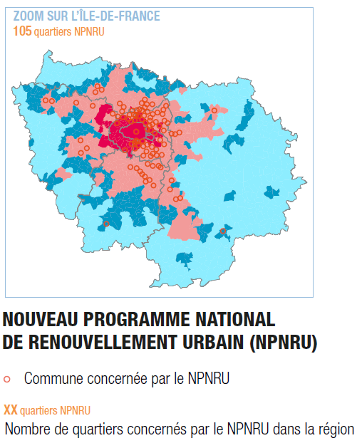 Exemple des communes en priorité pour le renouvellement urbain avec l'Ile-de-France